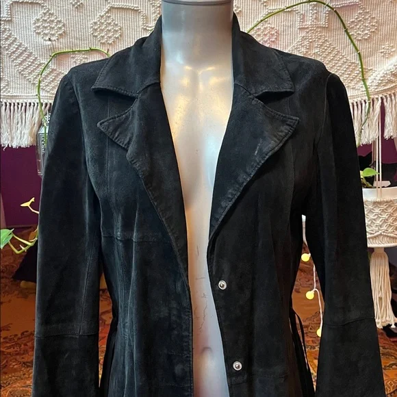 Vintage 90s Goth black suede leather maxi duster trench coat jacket - Picture 4 of 7